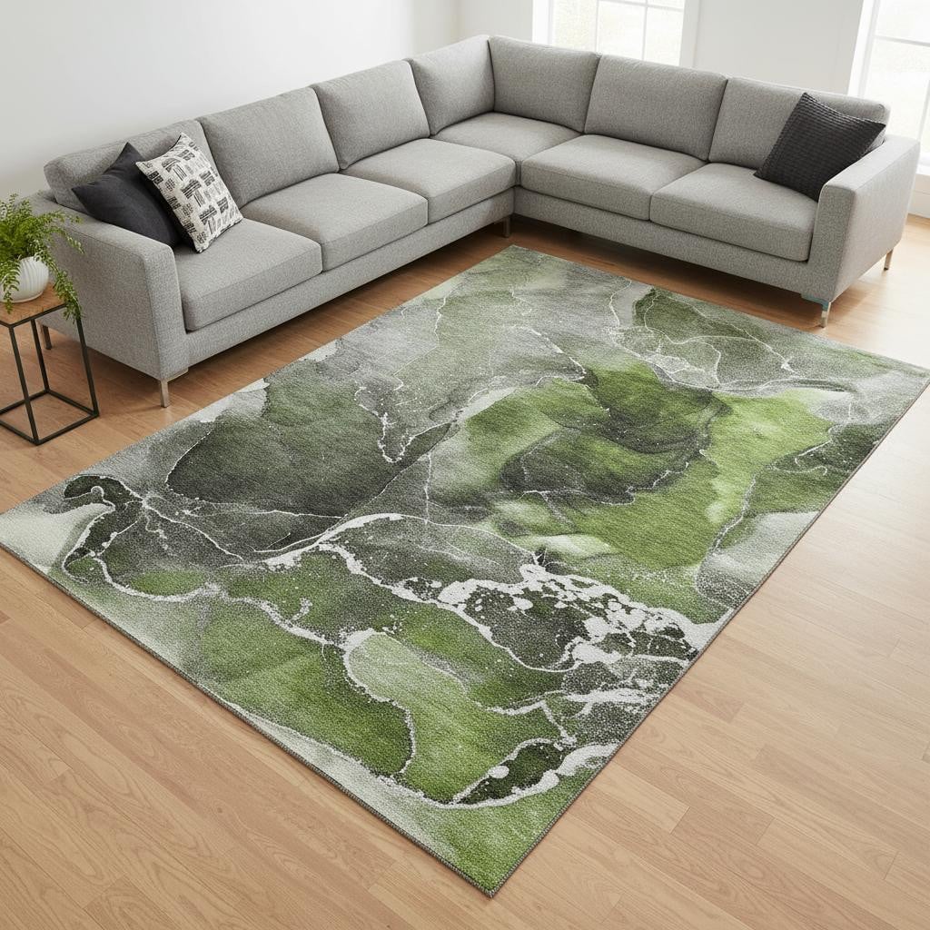 646678 8 x 10 ft. Green & Charcoal Abstract Contemporary Washable Machine Made Rectangle Area Rug with UV Protection