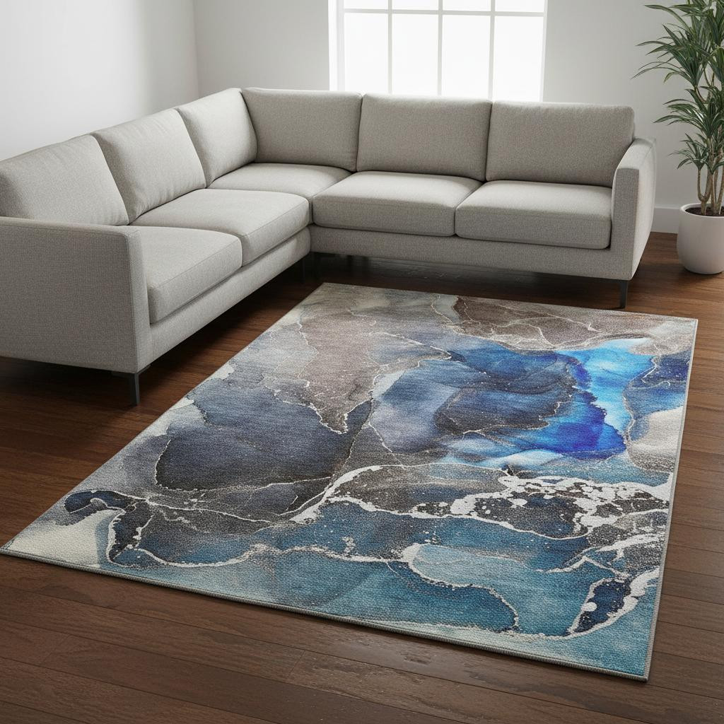 646684 8 x 10 ft. Navy Blue & Charcoal Abstract Washable Machine Made Rectangle Area Rug with UV Protection