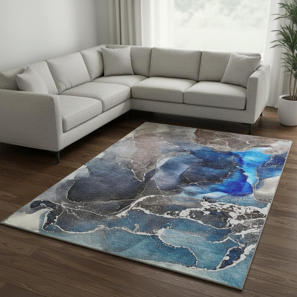 646686 10 x 14 ft. Navy Blue & Charcoal Abstract Washable Machine Made Rectangle Area Rug with UV Protection