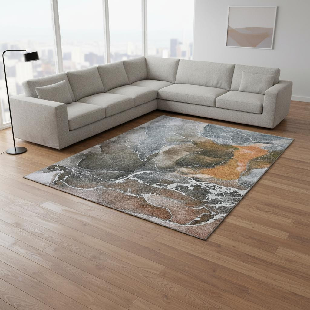 646691 9 x 12 ft. Orange & Charcoal Abstract Washable Machine Made Rectangle Area Rug with UV Protection