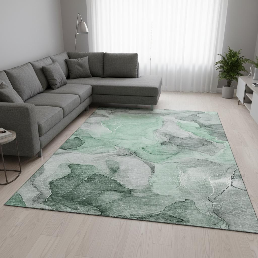 646720 8 x 10 ft. Green, Gray & Ivory Abstract Transitional Washable Machine Made Rectangle Area Rug with UV Protection