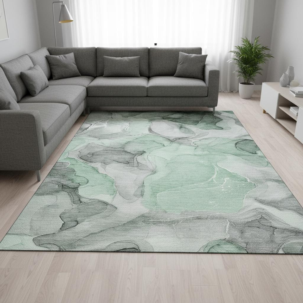 646721 9 x 12 ft. Green, Gray & Ivory Abstract Transitional Washable Machine Made Rectangle Area Rug with UV Protection