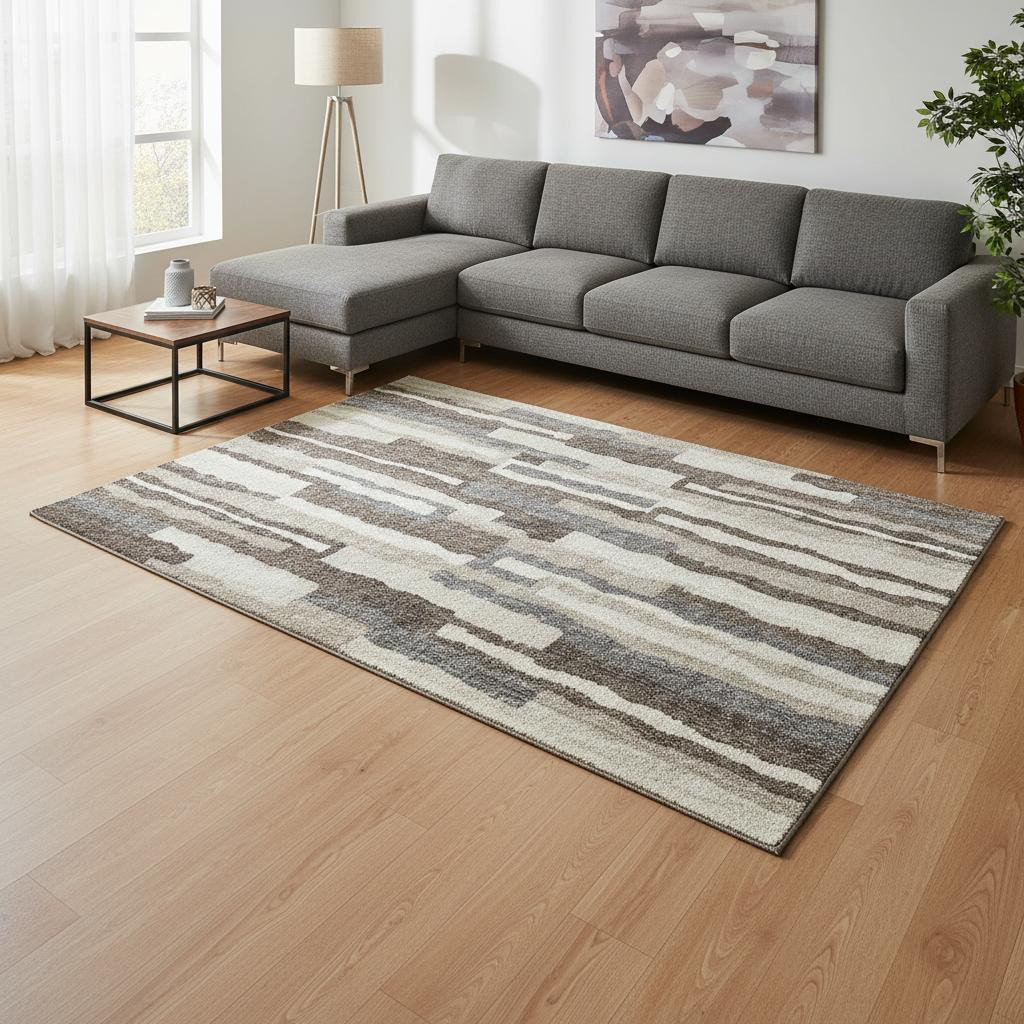 644132 10 x 14 ft. Brown, Ivory & Gray Abstract Transitional Washable Machine Made Rectangle Area Rug with UV Protection