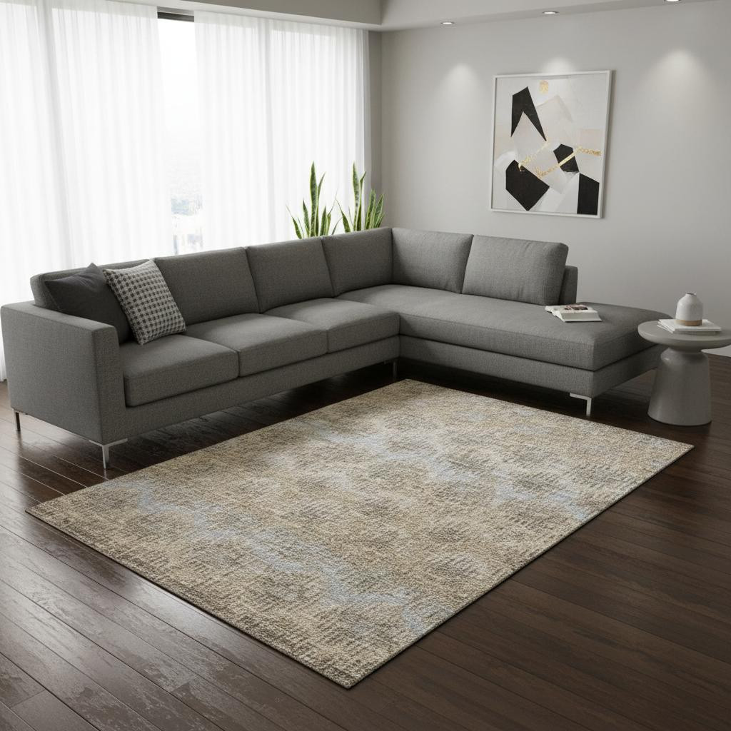 644161 9 x 12 ft. Brown, Ivory & Sky Blue Abstract Washable Machine Made Rectangle Area Rug with UV Protection