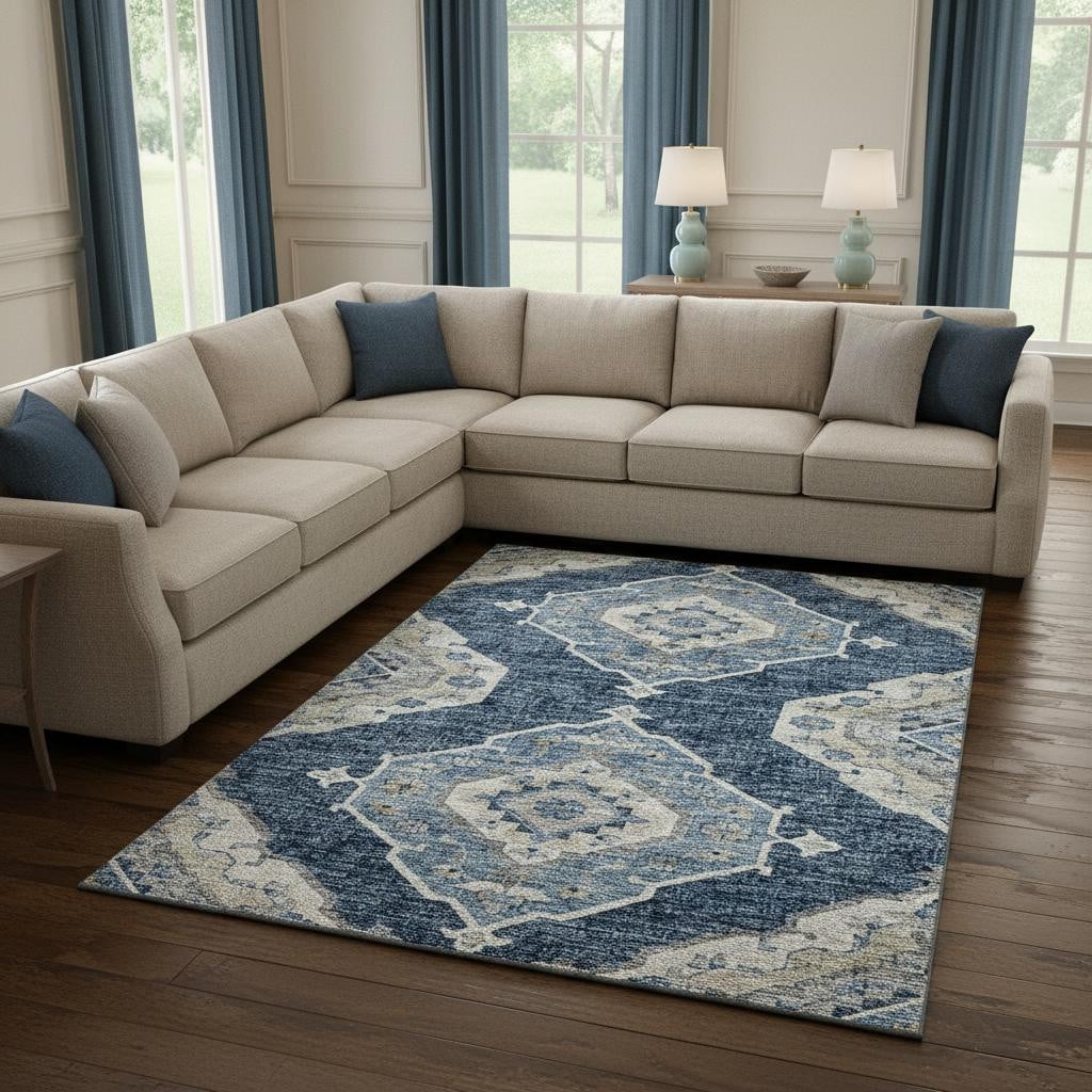 644196 8 x 10 ft. Blue & Ivory Tribal Traditional Washable Machine Made Rectangle Area Rug with UV Protection
