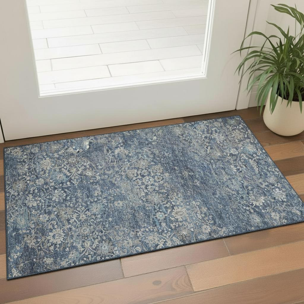 644217 3 x 5 ft. Blue & Gray Floral Medallion Washable Machine Made Rectangle Area Rug with UV Protection