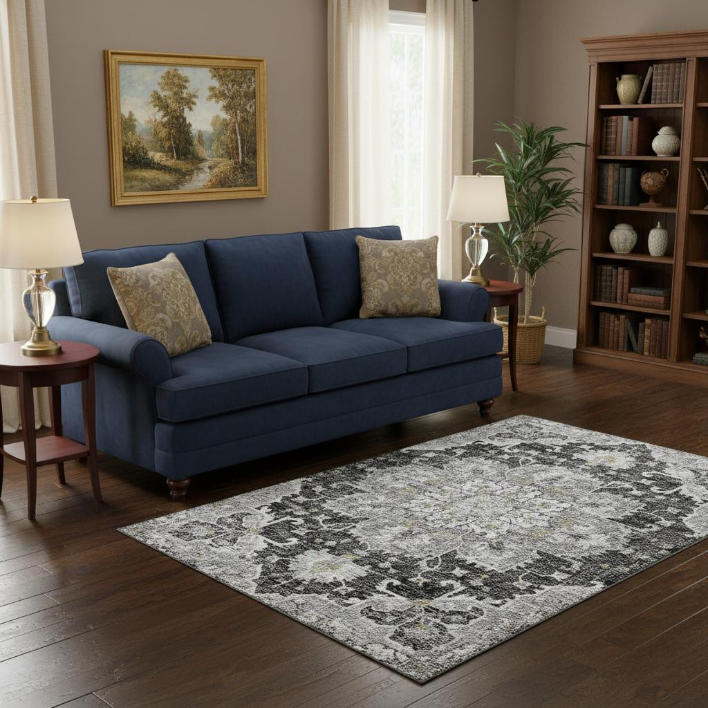 644546 5 x 8 ft. Graphite Gold & Charcoal Floral Medallion Washable Machine Made Rectangle Area Rug with UV Protection