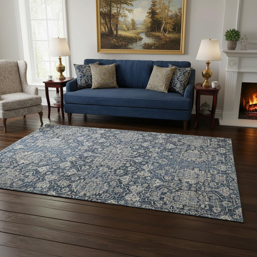 644564 5 x 8 ft. Blue & Ivory Floral Medallion Washable Machine Made Rectangle Area Rug with UV Protection