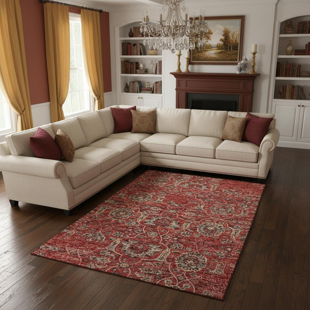 644592 10 x 14 ft. Red & Beige Floral Medallion Washable Machine Made Rectangle Area Rug with UV Protection