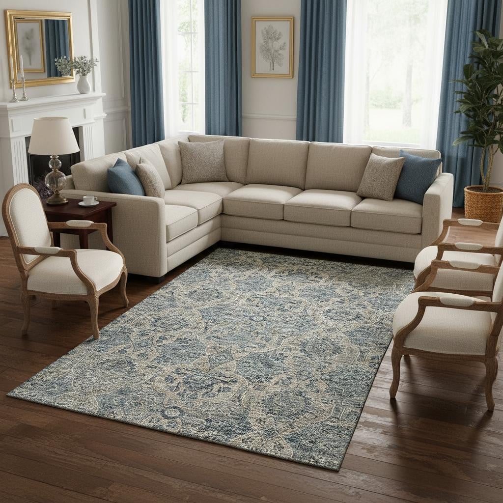 644597 9 x 12 ft. Denim Blue & Gray Floral Medallion Washable Machine Made Rectangle Area Rug with UV Protection