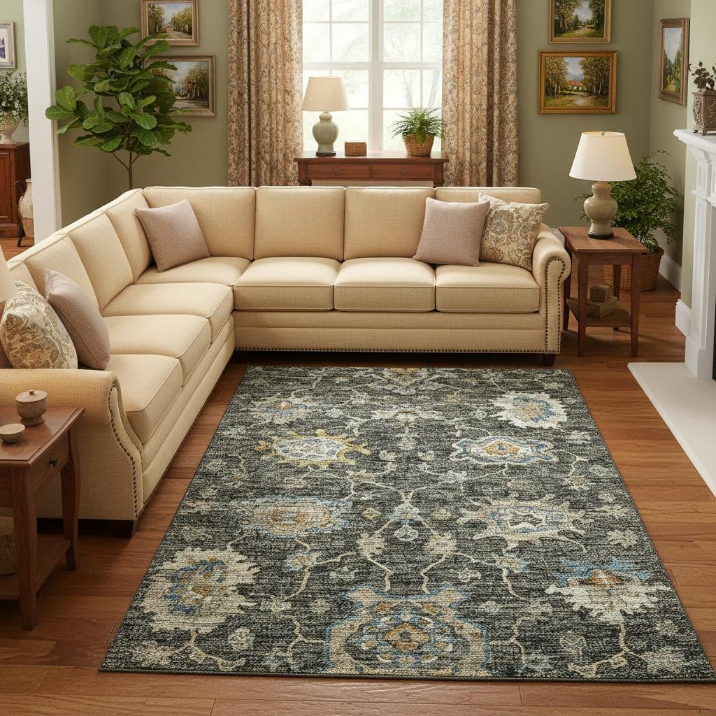 644603 9 x 12 ft. Charcoal Blue & Gold Floral Medallion Washable Machine Made Rectangle Area Rug with UV Protection