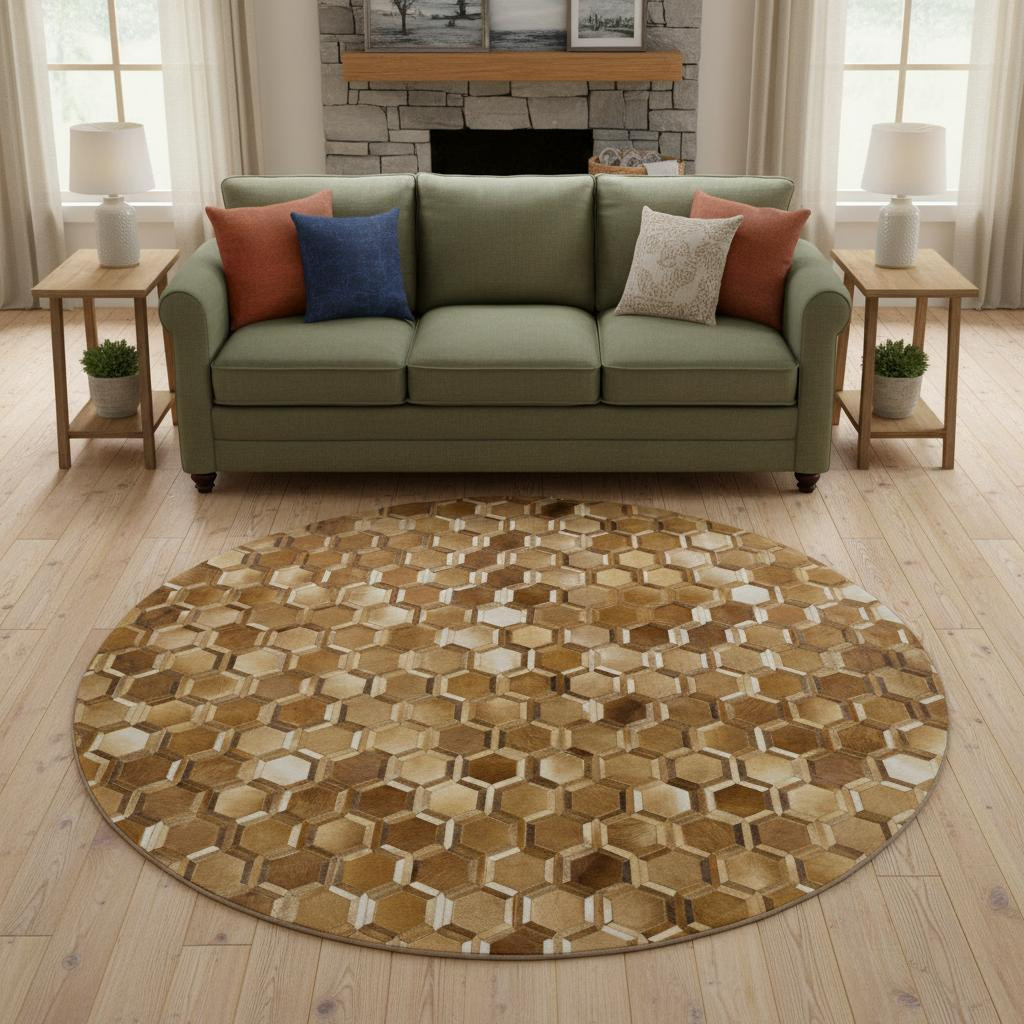 644637 8 ft. Brown, Ivory & Beige Geometric Lodge Washable Round Area Rug with UV Protection