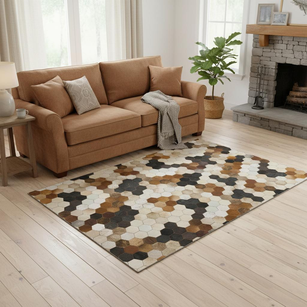 644714 5 x 8 ft. Black Brown & Ivory Geometric Washable Machine Made Rectangle Area Rug with UV Protection