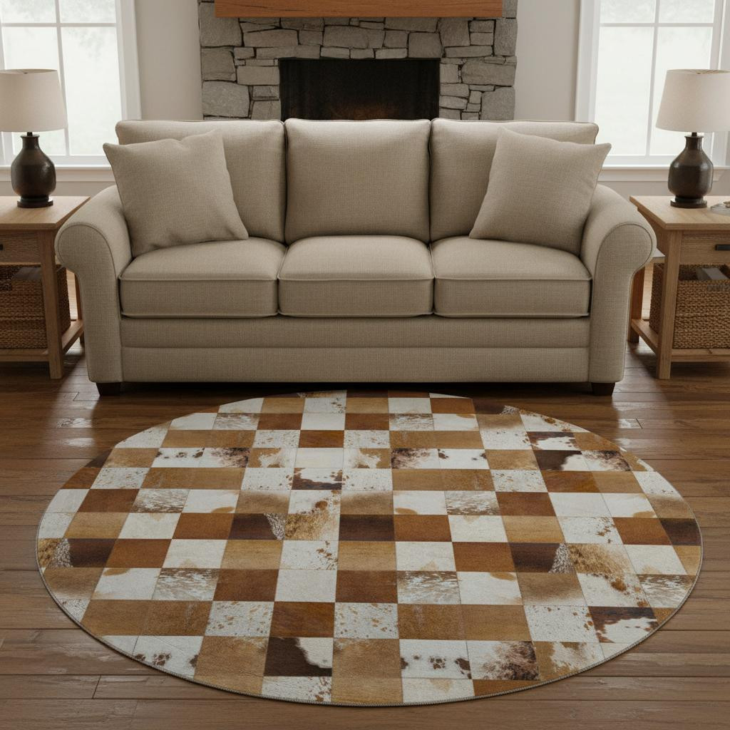 644727 8 ft. Brown & Ivory Patchwork Lodge Washable Round Area Rug with UV Protection