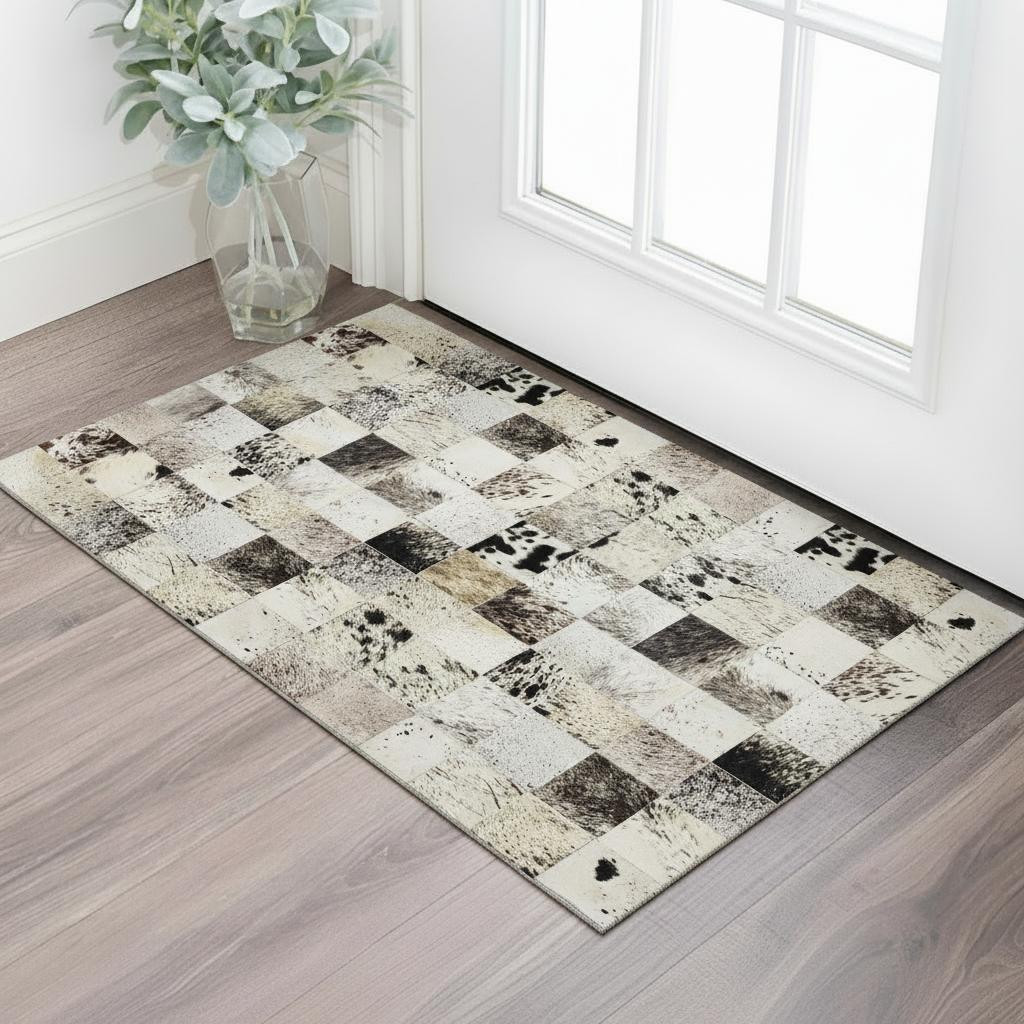 644731 3 x 5 ft. Granite Gray, Ivory & Black Patchwork Washable Machine Made Rectangle Area Rug with UV Protection