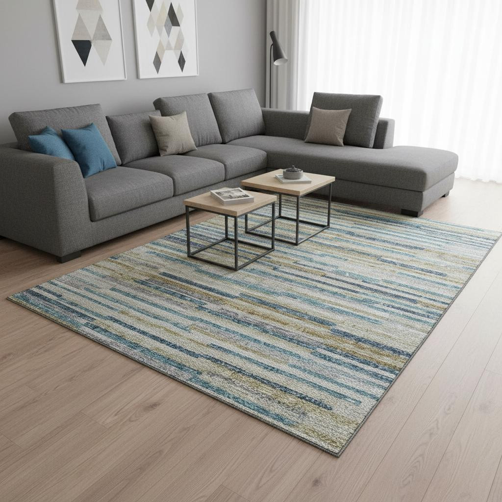 644921 9 x 12 ft. Blue, Ivory & Gold Abstract Transitional Washable Machine Made Rectangle Area Rug with UV Protection