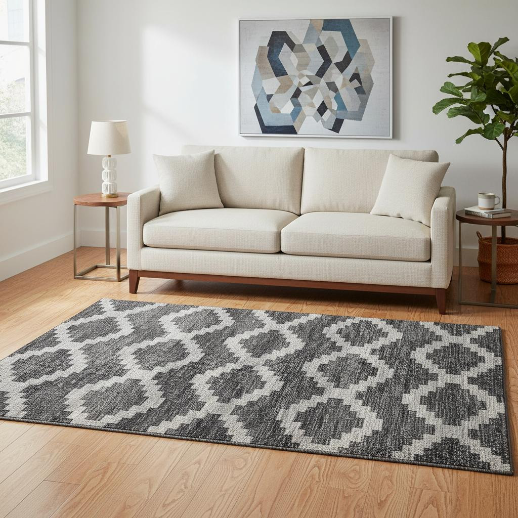 644954 5 x 8 ft. Gray, Ivory & Charcoal Tribal Washable Machine Made Rectangle Area Rug with UV Protection