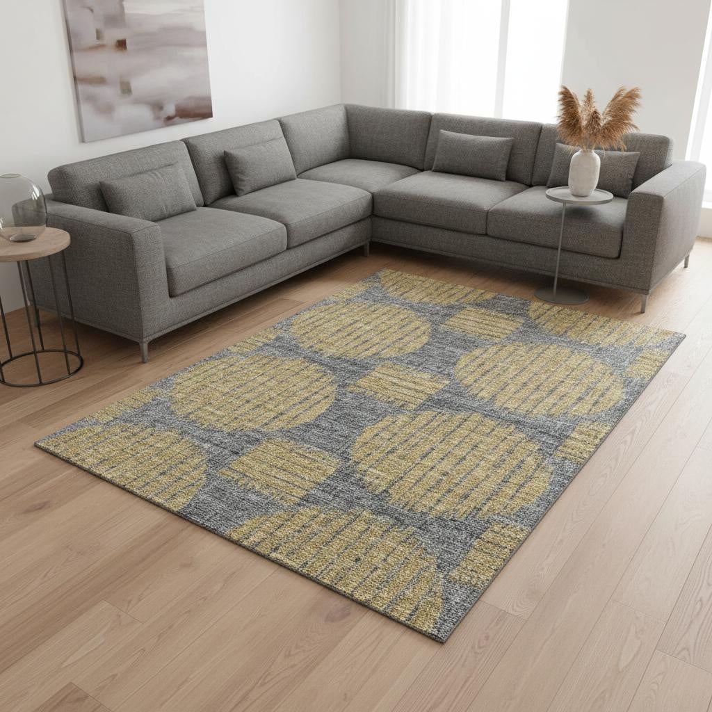 645049 10 x 14 ft. Gold & Gray Geometric Transitional Washable Machine Made Rectangle Area Rug with UV Protection