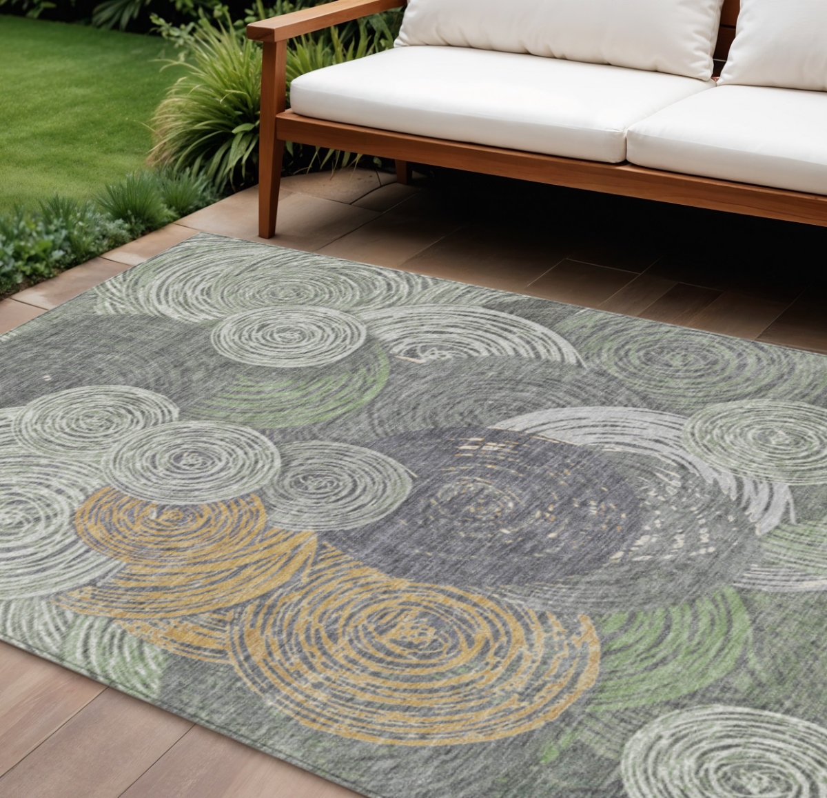 641288 9 x 12 ft. Green Gold & Gray Geometric Washable Transitional Indoor & Outdoor Rectangle Area Rug