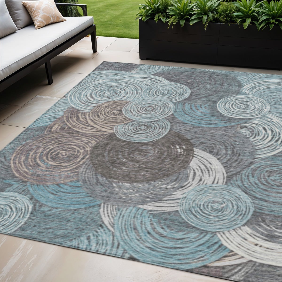 641297 5 x 8 ft. Teal Blue, Ivory & Taupe Geometric Washable Transitional Indoor & Outdoor Rectangle Area Rug
