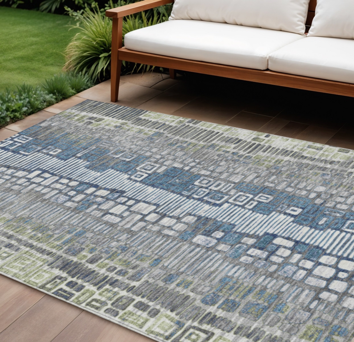 641305 8 x 10 ft. Artichoke Green, Ivory & Blue Geometric Washable Transitional Indoor & Outdoor Rectangle Area Rug