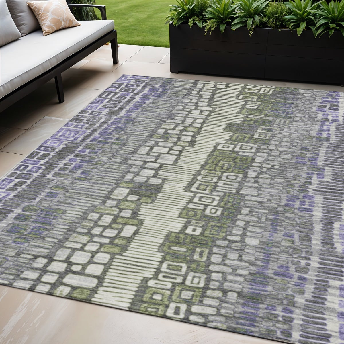 641321 5 x 8 ft. Purple Ivory & Green Geometric Washable Transitional Indoor & Outdoor Rectangle Area Rug