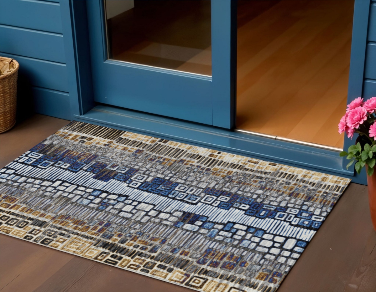 641326 3 x 5 ft. Pewter Ivory Blue & Gold Geometric Washable Transitional Indoor & Outdoor Rectangle Area Rug