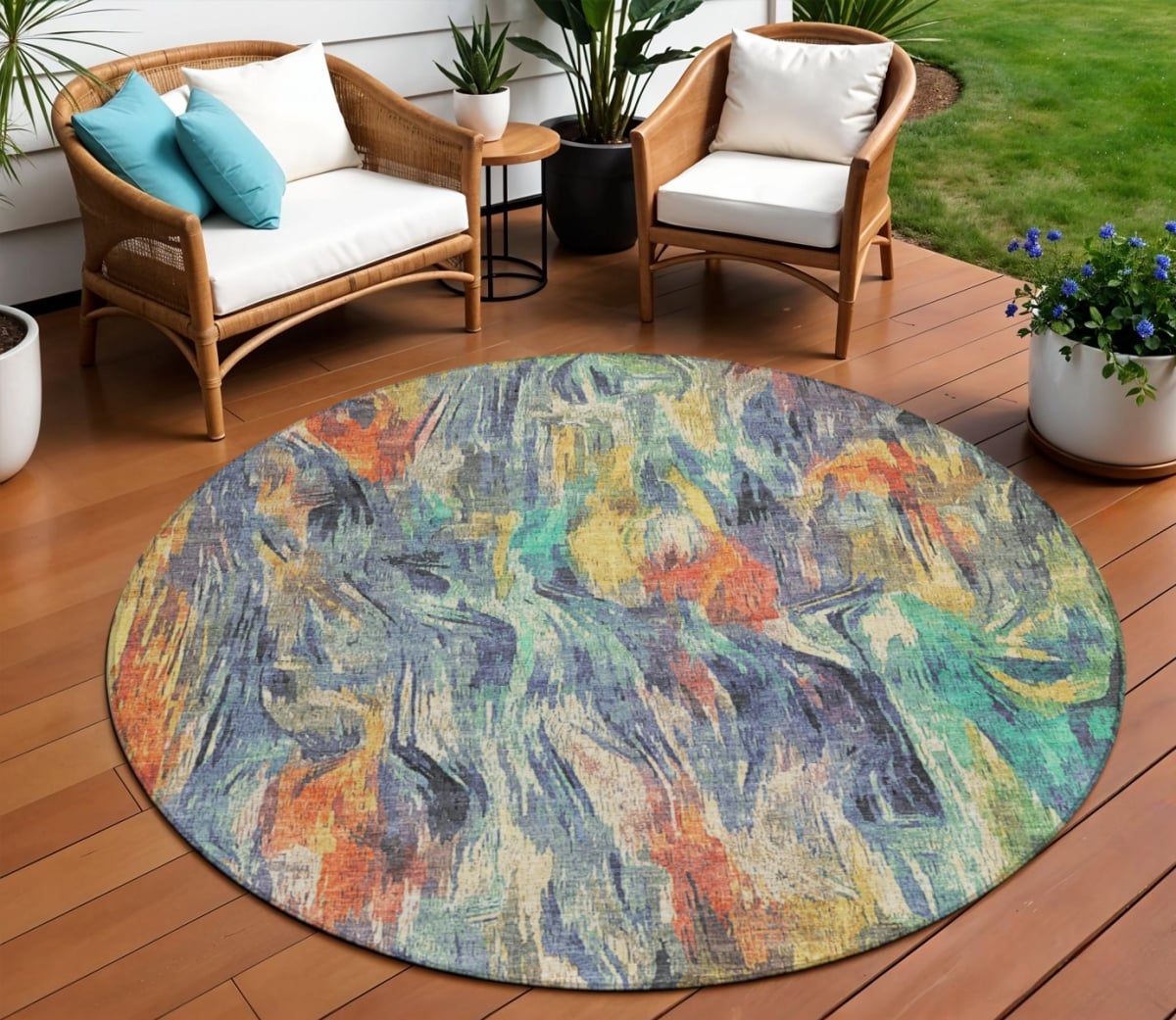 641346 8 ft. Denim Blue, Green & Gold Abstract Washable Transitional Indoor & Outdoor Round Area Rug