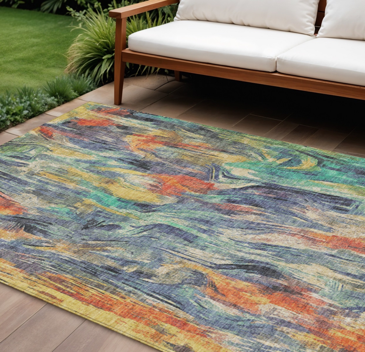 641349 10 x 14 ft. Denim Blue, Green & Gold Abstract Washable Transitional Indoor & Outdoor Rectangle Area Rug