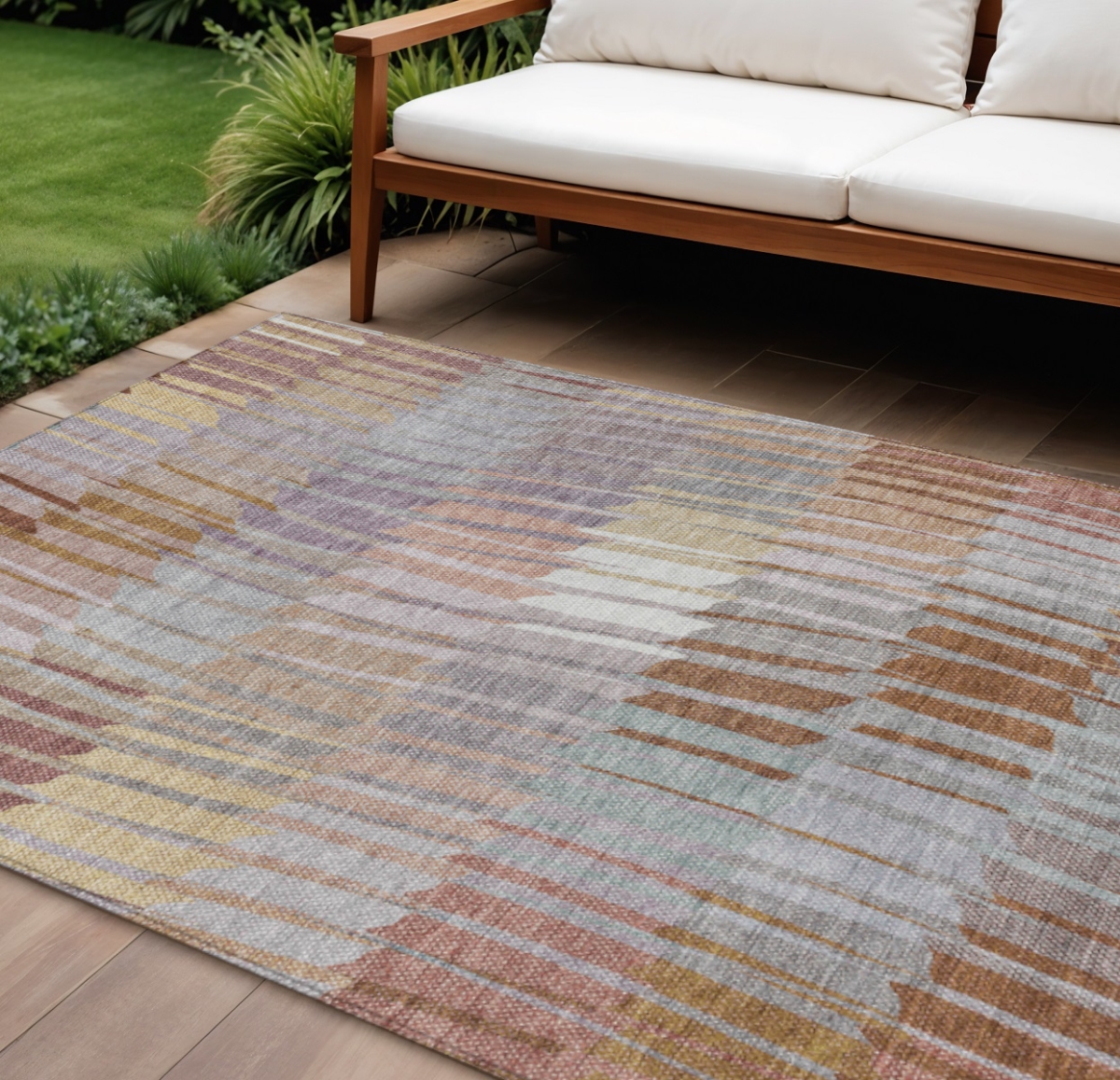 641426 9 x 12 ft. Copper, Ivory & Wheat Striped Washable Transitional Indoor & Outdoor Rectangle Area Rug