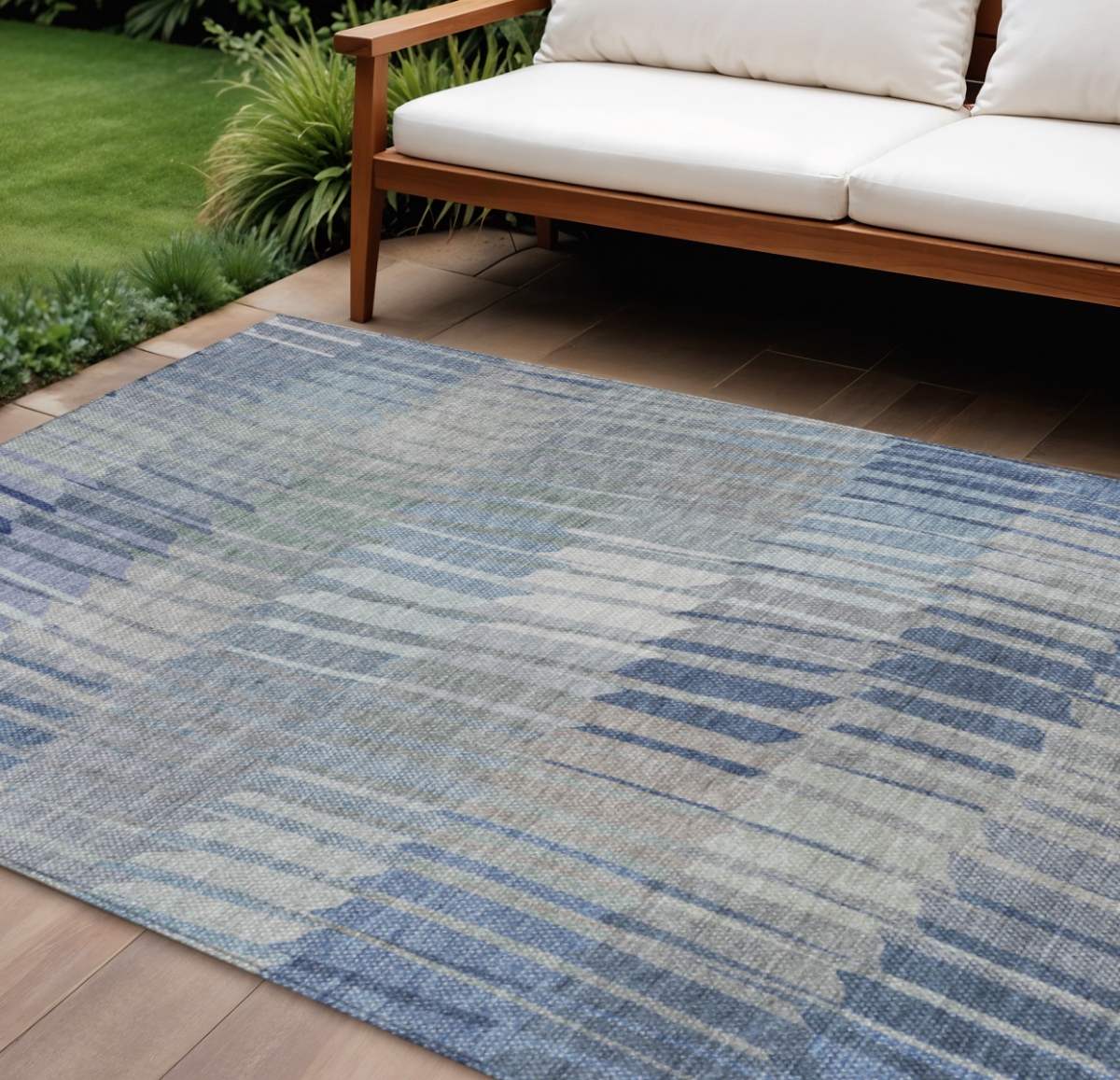 641432 9 x 12 ft. Denim Blue & Ivory Striped Washable Transitional Indoor & Outdoor Rectangle Area Rug