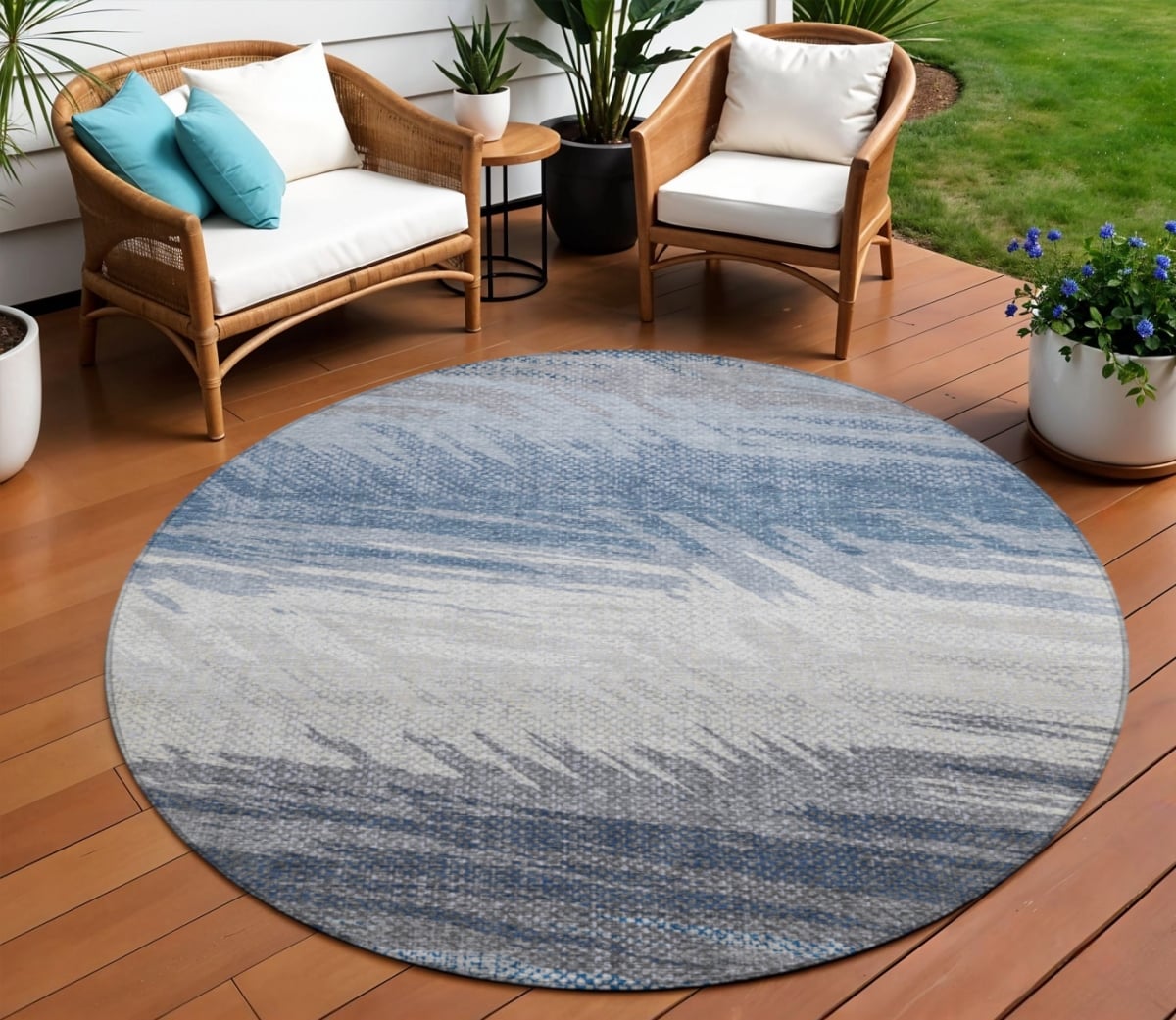 641478 8 ft. Denim Blue, Ivory & Gray Striped Washable Transitional Indoor & Outdoor Round Area Rug