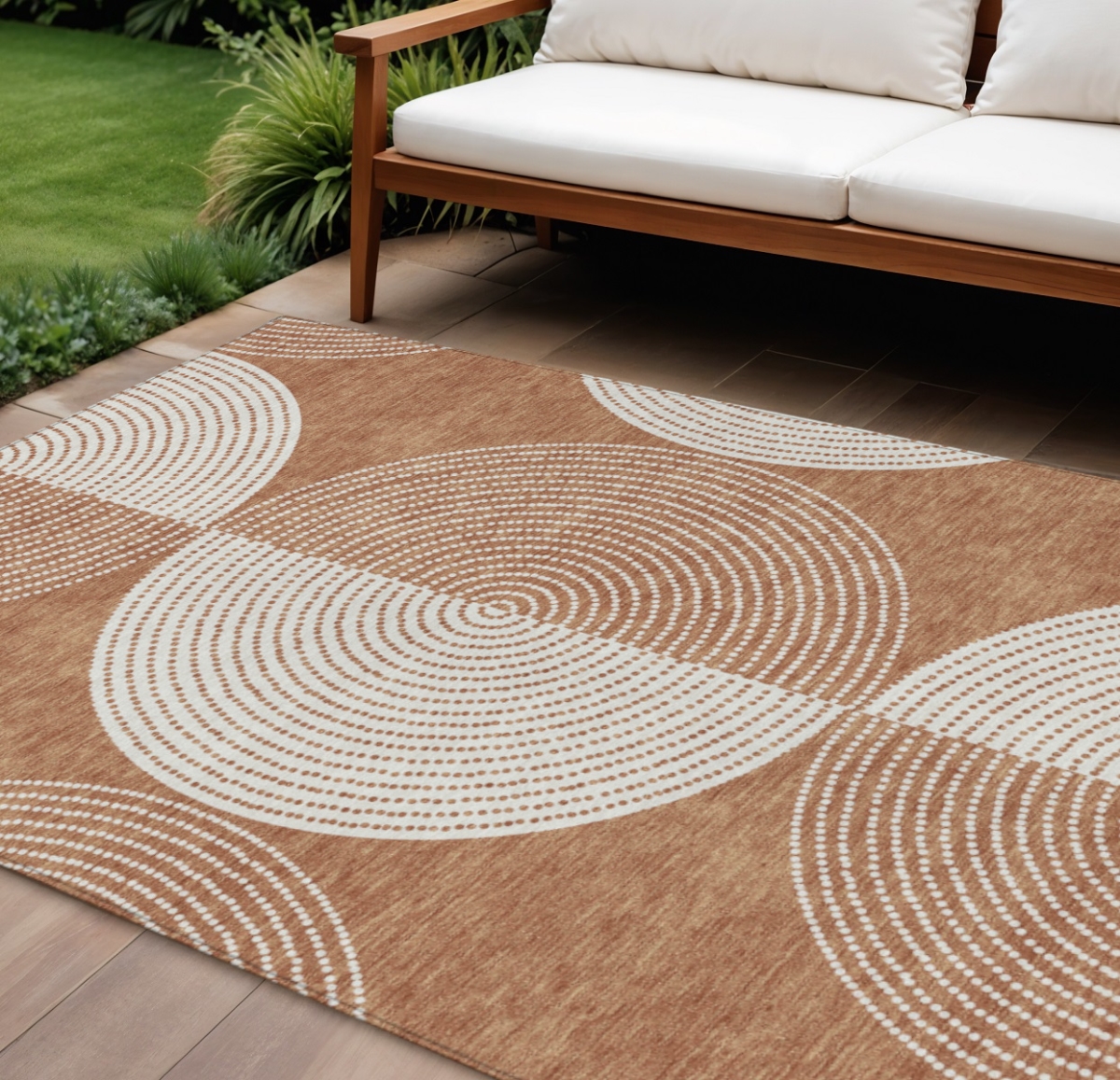 641600 9 x 12 ft. Copper & Ivory Geometric Washable Transitional Indoor & Outdoor Rectangle Area Rug