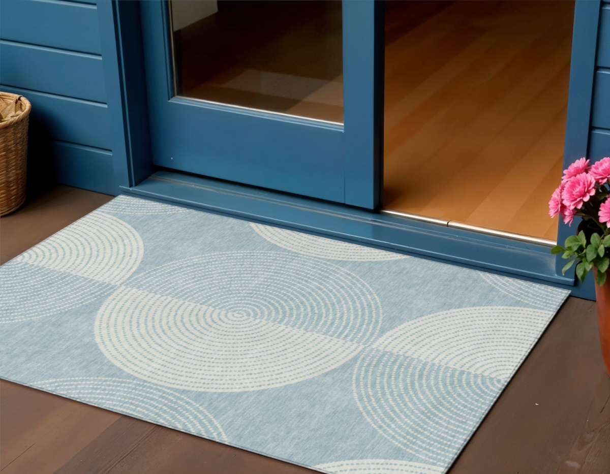 641602 3 x 5 ft. Denim Blue & Ivory Geometric Washable Transitional Indoor & Outdoor Rectangle Area Rug
