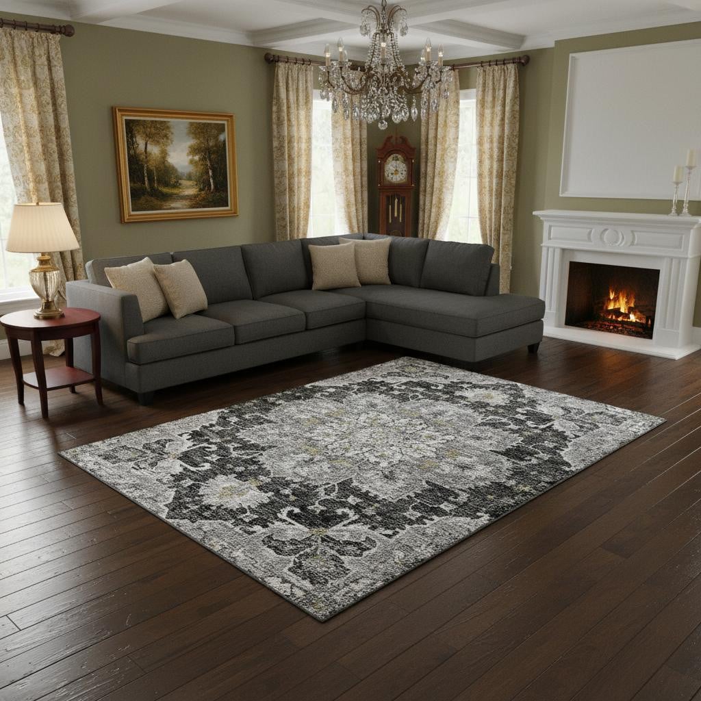 644548 8 x 10 ft. Graphite Gold & Charcoal Floral Medallion Washable Machine Made Rectangle Area Rug with UV Protection