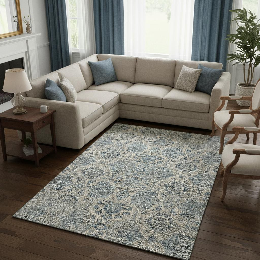 644598 10 x 14 ft. Denim Blue & Gray Floral Medallion Washable Machine Made Rectangle Area Rug with UV Protection