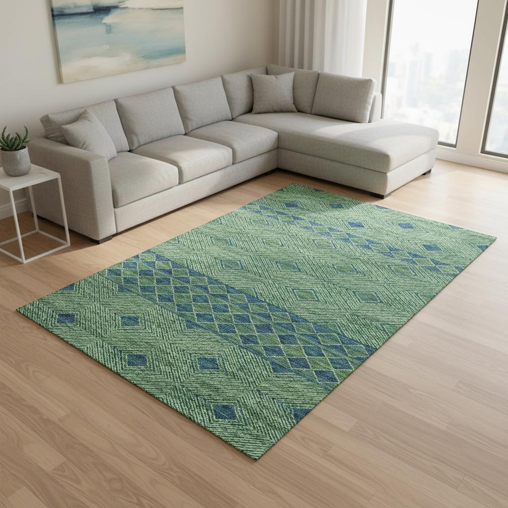 644764 8 x 10 ft. Green & Navy Blue Geometric Washable Machine Made Rectangle Area Rug with UV Protection