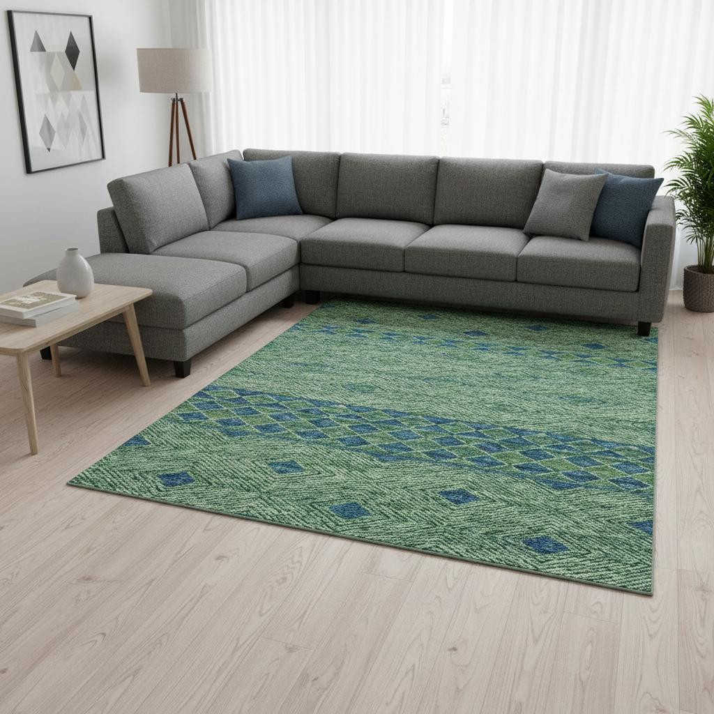 644766 10 x 14 ft. Green & Navy Blue Geometric Washable Machine Made Rectangle Area Rug with UV Protection