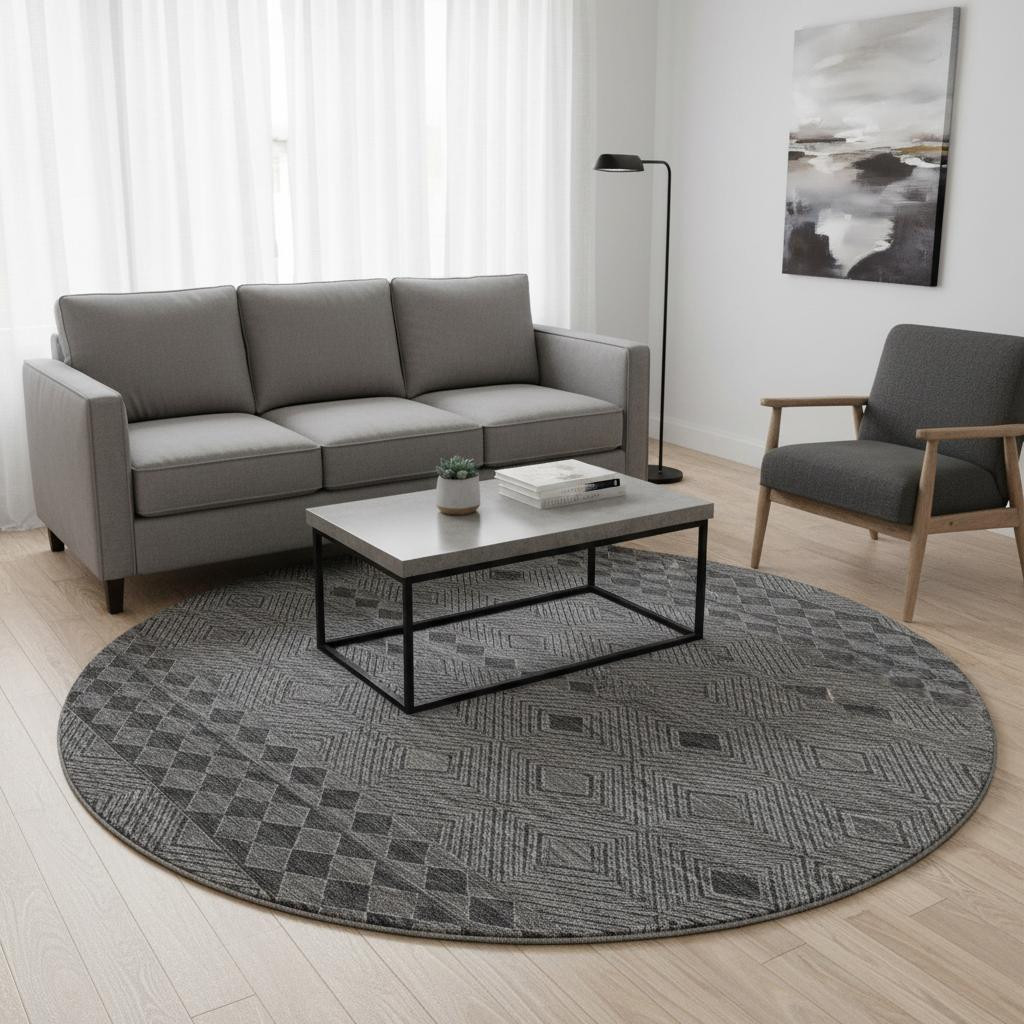644769 8 ft. Gray & Black Geometric Transitional Washable Round Area Rug with UV Protection