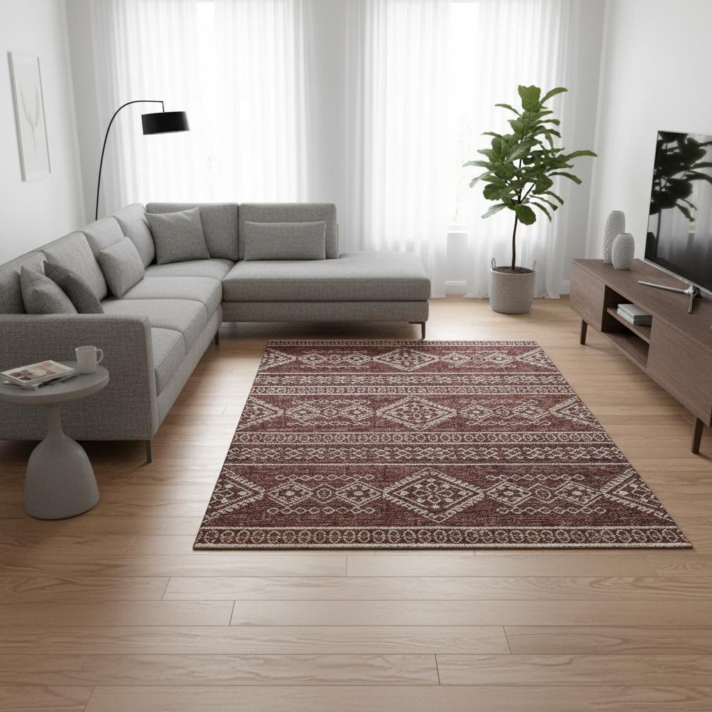 645078 9 x 12 ft. Burnt Sienna & Ivory Tribal Transitional Washable Machine Made Rectangle Area Rug with UV Protection