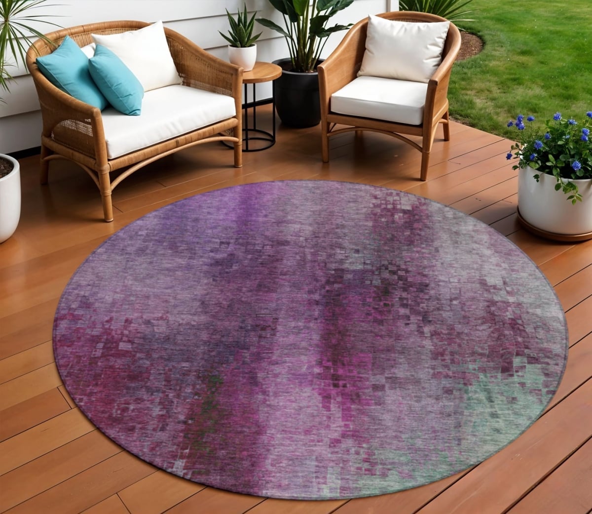 639931 8 ft. Purple & Plum Abstract Washable Transitional Indoor & Outdoor Round Area Rug