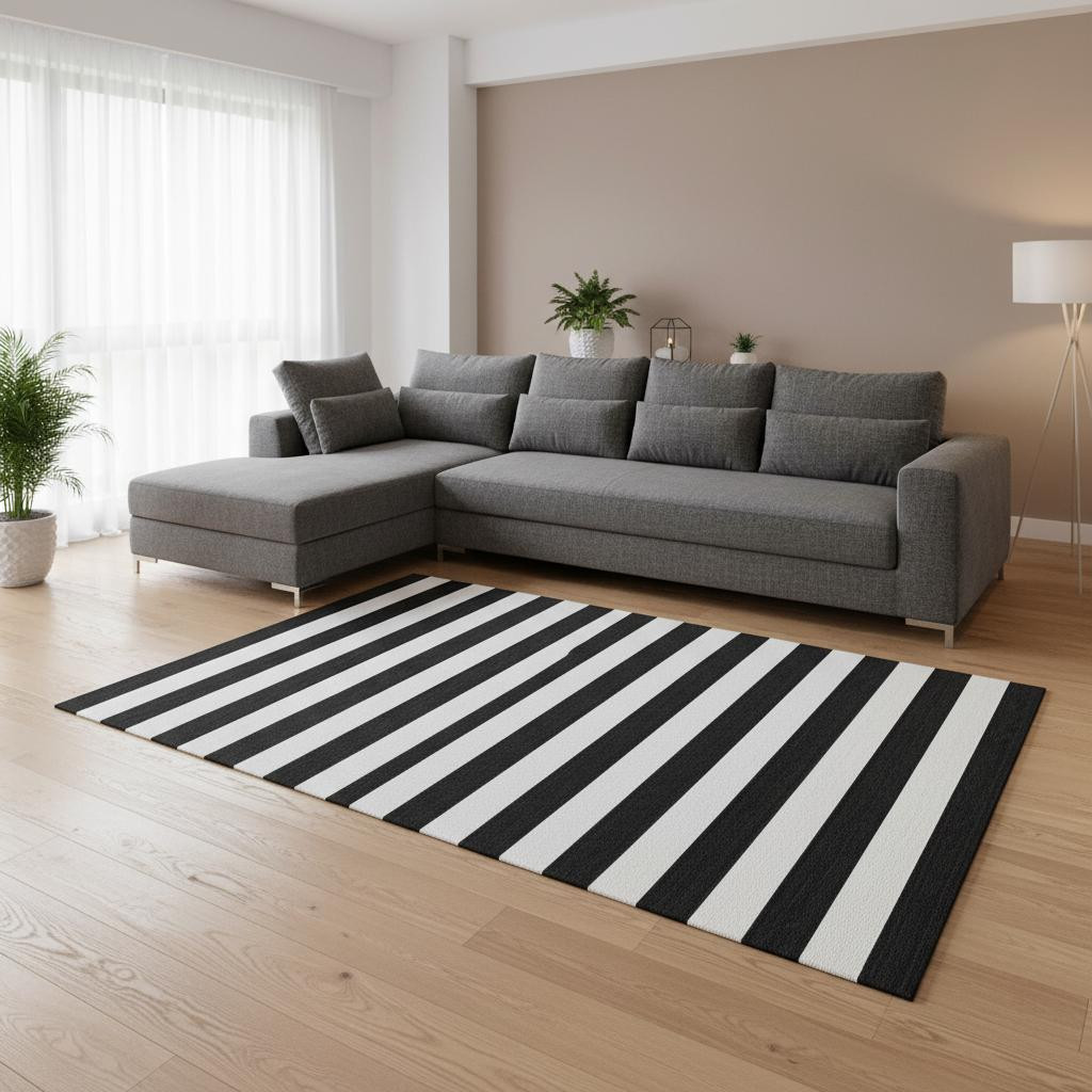 647564 8 x 10 ft. Black & Ivory Striped Transitional Washable Machine Made Rectangle Area Rug with UV Protection