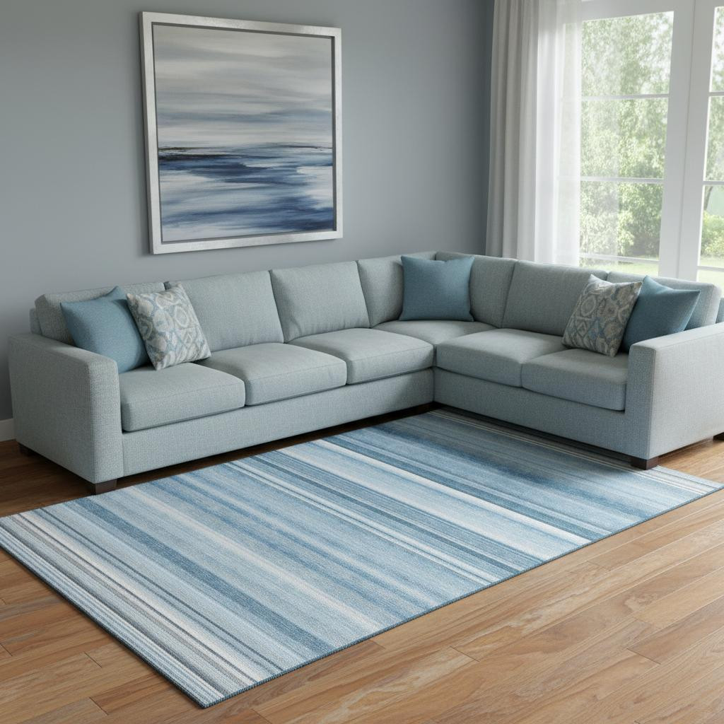 647696 8 x 10 ft. Blue & Ivory Striped Transitional Washable Machine Made Rectangle Area Rug with UV Protection