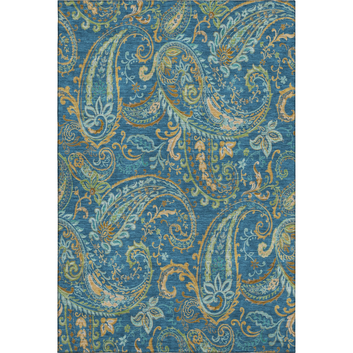 647985 9 x 12 ft. Navy Blue, Green & Gold Paisley Washable Machine Made Rectangle Area Rug with UV Protection