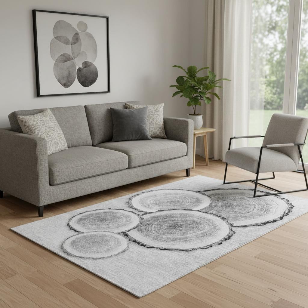 649926 5 x 8 ft. Gray & Ivory Woodland Lodge Transitional Washable Machine Made Rectangle Area Rug with UV Protection
