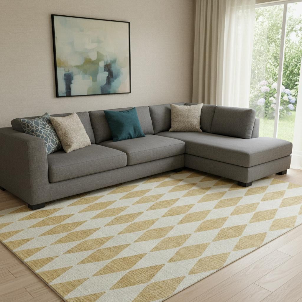 650056 10 x 14 ft. Gold & Ivory Diamond Washable Machine Made Rectangle Area Rug with UV Protection