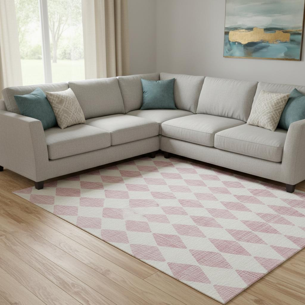 650086 10 x 14 ft. Pink & Ivory Diamond Transitional Washable Machine Made Rectangle Area Rug with UV Protection