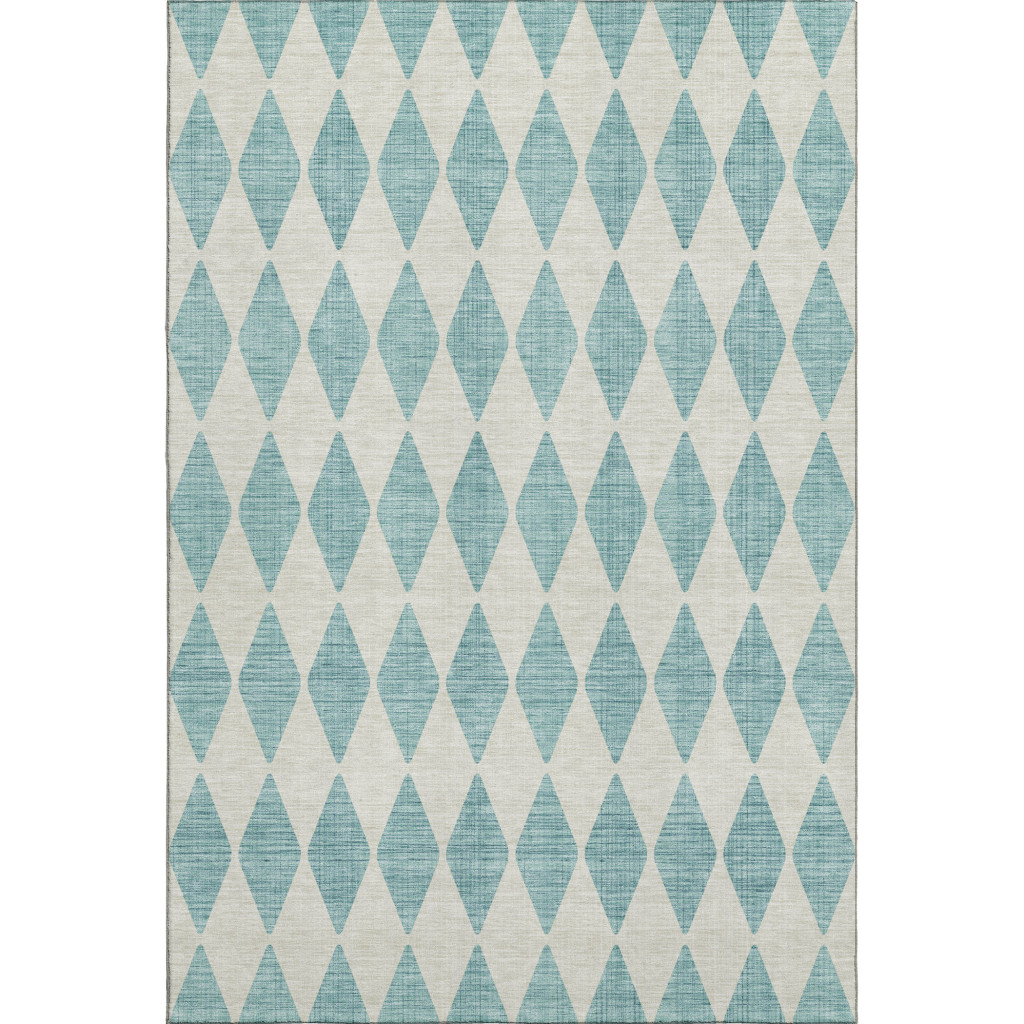 650126 8 x 10 ft. Teal & Ivory Diamond Washable Machine Made Rectangle Area Rug with UV Protection