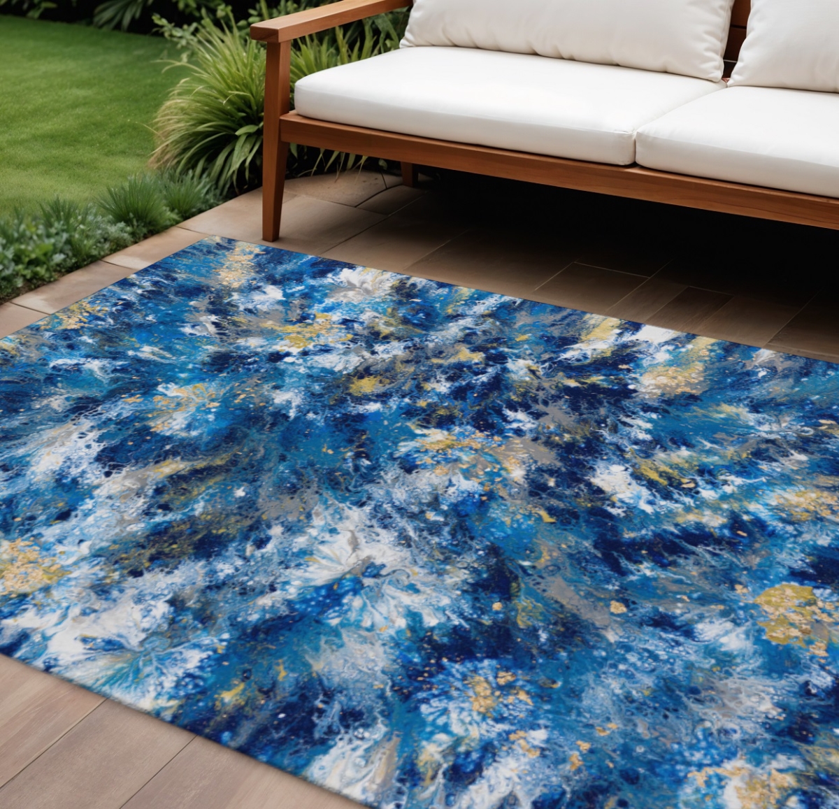 643545 9 x 12 ft. Blue, Ivory & Gold Abstract Washable Contemporary Indoor & Outdoor Rectangle Area Rug