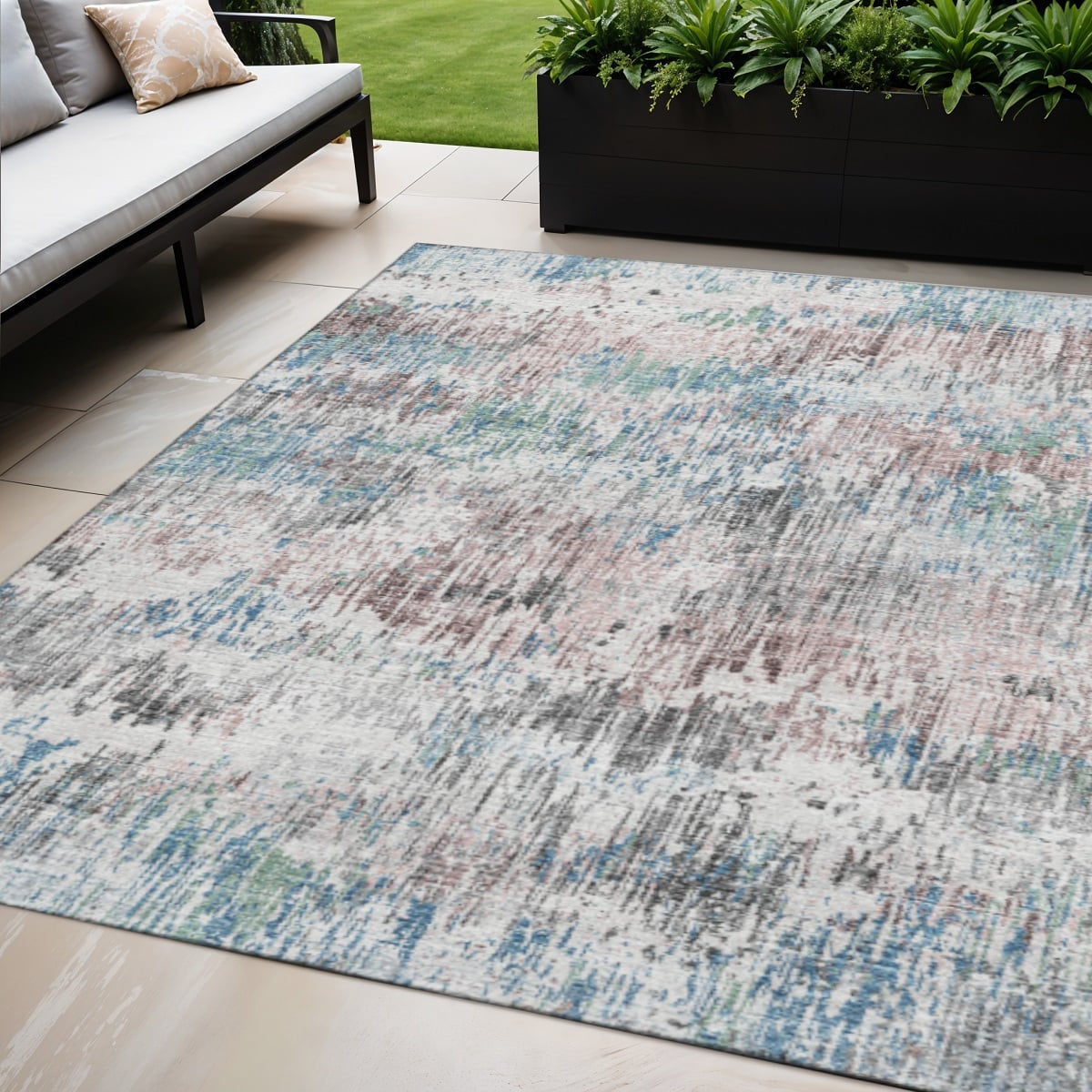 643566 5 x 8 ft. Blue, Ivory & Sage Abstract Washable Transitional Indoor & Outdoor Rectangle Area Rug